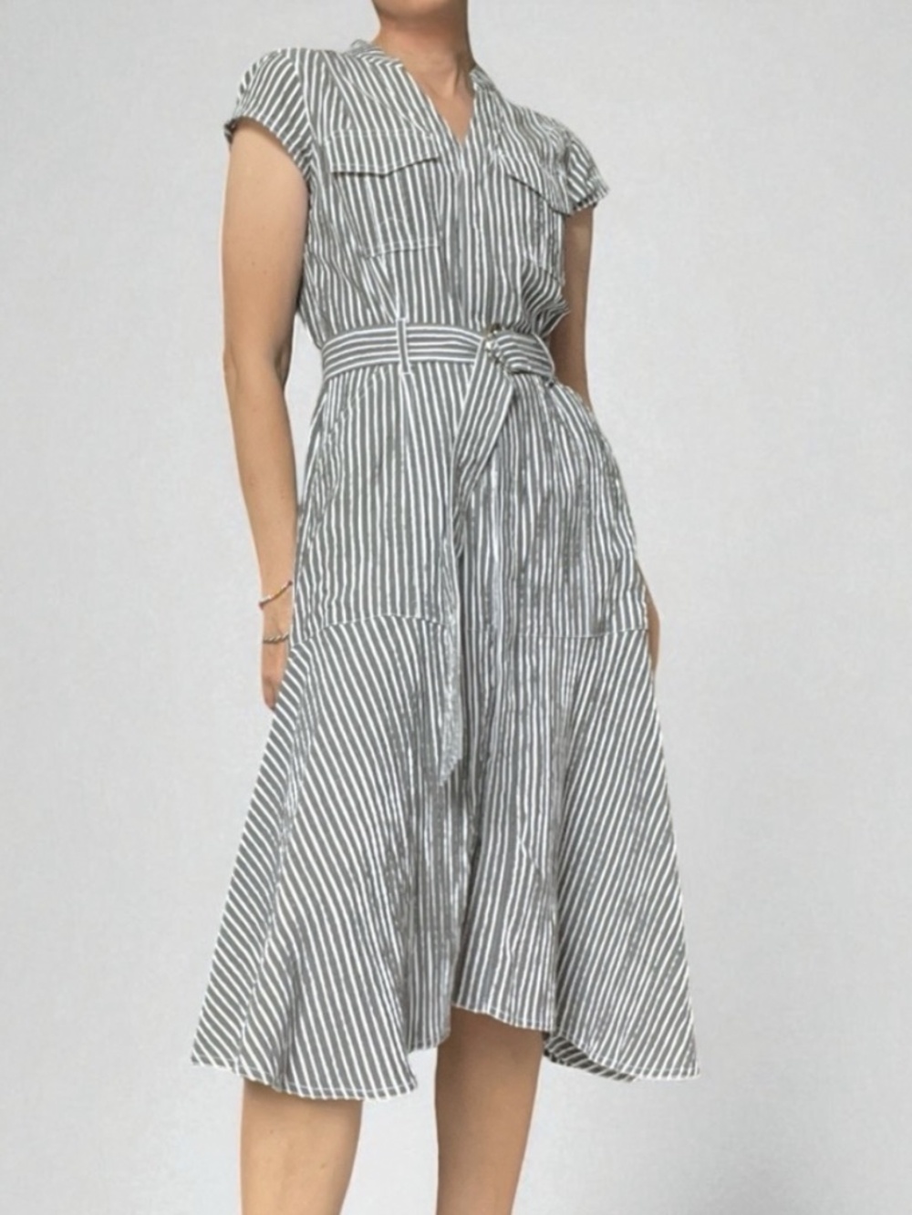 WHBM Midi Dress Striped Seersucker Railroad Stripe Cap Sleeve Belted Pockets